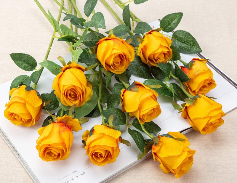 Flojery 10pcs Artificial Rose Flowers Long Stem Fake Silk Roses for DIY Wedding Bouquet Table Centerpiece Home Decor (Orange) - Image 4